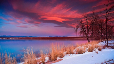 spectacular red sunrise over a lake - lake, clouds, red, winter, shore, sunrise