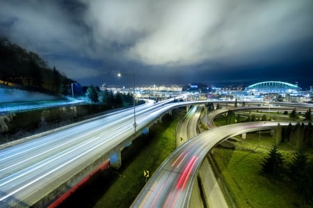 entering seattle washington  - evening, highways, long exposure, city, lights