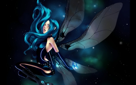 Fairy - girl, blue, wings, green, fairy, fantasy, black