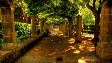 wonderful vine covered path in spain - benches, columns, tiles, path, vines