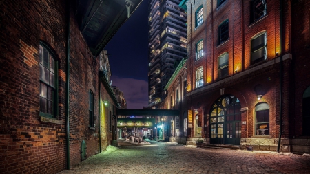 back street in toranto late at at night hdr - cobblestones, street, night, city, hdr, lights