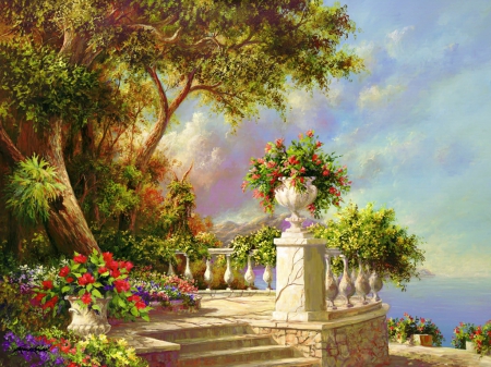 Balcony at lake Como - trees, summer, beautiful, Como, terrace, flowers, view, painting, Italy, garden, exotic, lake, art, sky