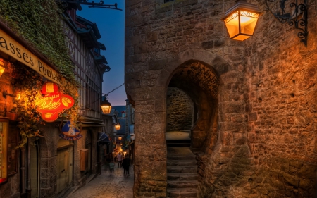 Mont Saint Michel (France) - stairs, portal, street, houses, night, street lights, mont saint michel, arch, france, evening, lamps, lights, signs