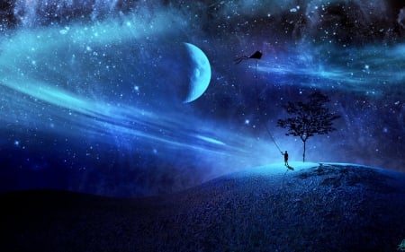 3d art - moon, stars, sky, blue, 3d