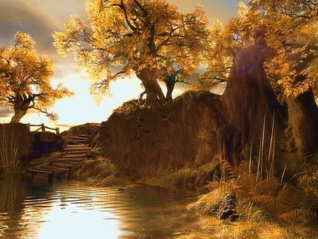 AUTUMN - trees, autumn, digital art, swamp, sunshine