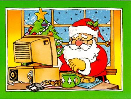 Computer-wise Santa - santa, christmas tree, frame, desk, window, mug, computer