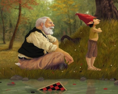 SENSITIVE - oldman, river, elf boy, woods, sensitive, painting