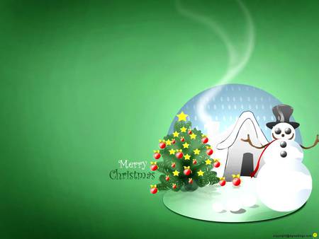 Christmas Greetings - house, chimney smoke, snowman, christmas tree