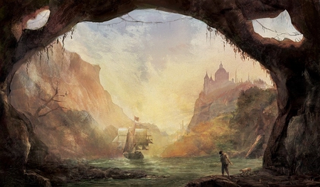 WANDERER AT LAKE - wanderer, lake, rock, castle, painting, sailship, dog