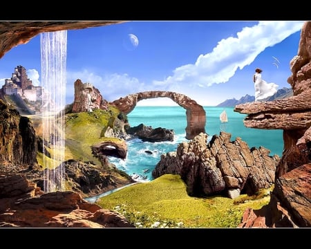 DREAMLAND - human, waterfalls, rock, arch, face, ocean, sculpture