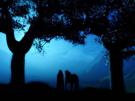 Twilight land - mystic, trees, legend, magic, peaceful, wonderful, fantasy, other, amazing, cool, dark, moonlight, land, tale, sensual, peace, night, drawing, serenity, tranquility, picture, horse, shape, romantic, blue, twilight, fairy, awesome, mysterious