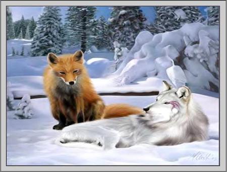 Foxy Friends - foxes, art, trees, snow, winter, friends