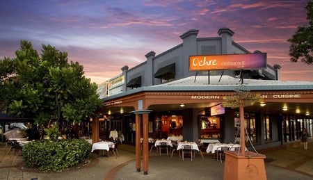 Ochre Restaurant, Cairns - evening, tropical palms, outdoor dining, australia