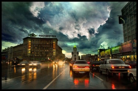 Center of USSR - soviet, beauty, reflections, omnious, clouds, architecture, novosibirks, rain, russia, cars, russian, cityscape, buildings, interesting, neat, city, charming