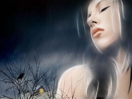 I'M SAD ON WINTER NIGHT - crow, art, girl, sad, night, winter, digital, cg