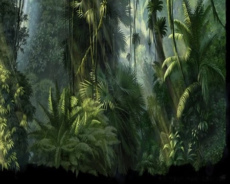 JUNGLE - trees, forest, green, digital, sunrays, drawing, fern