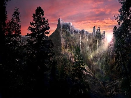 HIDDEN VALLEY - valley, forest, castle, falls redclouds