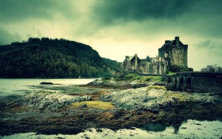 Old Castle, Scotland - lake, hills, forest, clouds, castle, beautiful, rocks