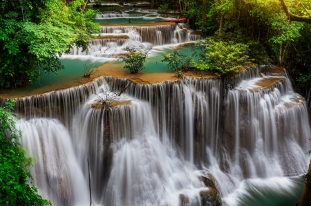 Huai Mae Kamin Waterfall - water curtain, white, trees, forest, thailand, river, beautiful, green