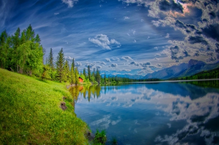 House on lakeshore - cottage, hut, lakeshore, lake, sky, greenery, summer, serenity, quiet, calmness, river, house, grass