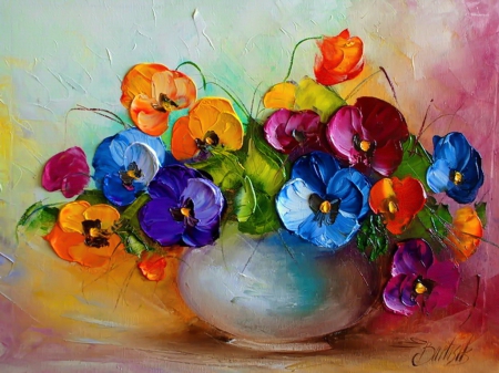 Still life - pretty, vase, violets, beautiful, still life, pansies, harmony, colorful, painting, art