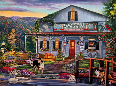 The general mercantile - market, beautiful, village, bridge, countryside, river, shop, mountain, animal, pretty, fruits, peaceful, mercantile, art, general, house, painting