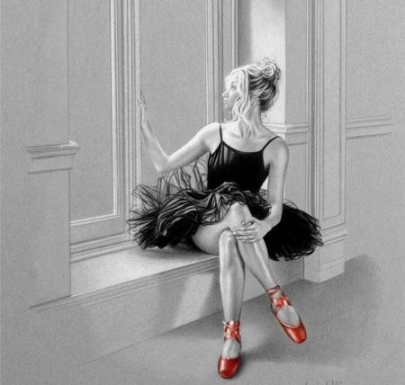 Waiting for her dancer - dance, ballerina, window, red