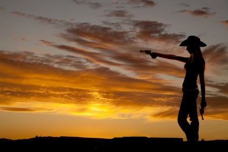 Cowgirl Pistol Practice - girls, women, style, fun, models, westerns, female, cowgirls, boots, hats, nra, pistols, sunsets, guns, sunrise, shooting