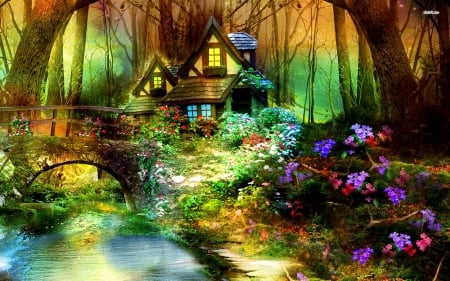 Enchanted forest hut - cottage, hut, water, dark forest, fantasy, painting, purple, art, river, green, tree, house, bridge, abstract, forest, enchanted forest, wild, splendor, flowers, flower