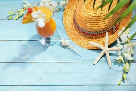 â™¥Summer Vacationâ™¥ - vacation, drink, hat, summer, flowers