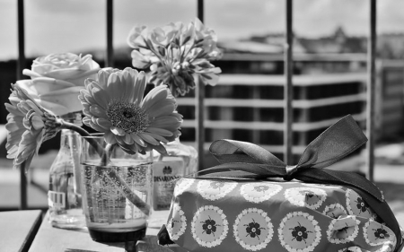 Sweet day to you, love! - happy day, to you, love, still life, sweet, flowers, good morning, black and white, dessert