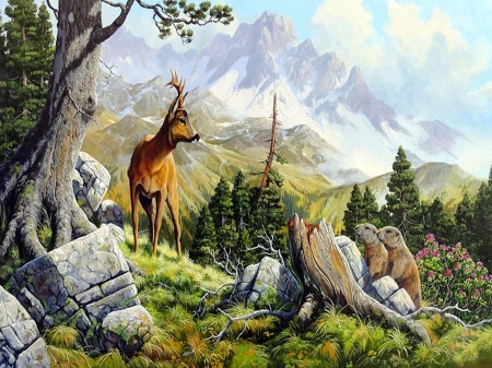 Mountain wildlife - high, beautiful, outdoor, colors, live, mountain, tree, animal, deer, color, wild