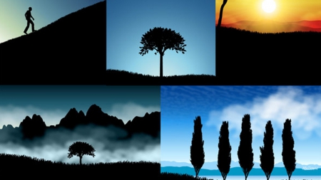 Life Collage - clouds, trees, fog, walker, blue, collage, life, sunset, nature, mist, climber, sky