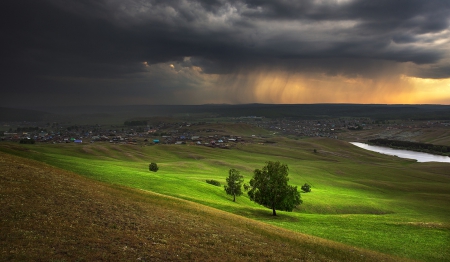 Splendor our planet - fields, trees, sunset, clouds