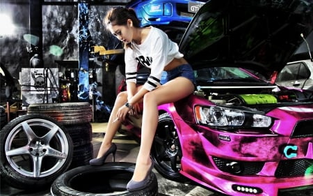 babe and car - babe, car, sexy, heels