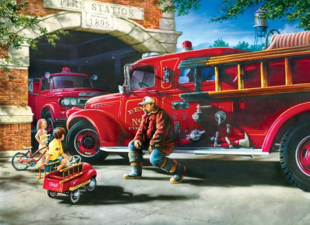 The New Fire Chief...One Day - tender, fire house, fire station, fire engine, toys, engine