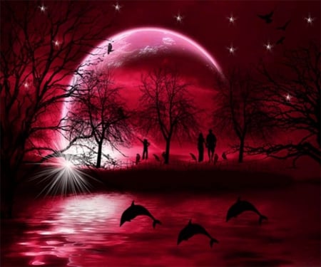 Moonlight Dolphins - moon, trees, birds, water, stars, dolphins, fantasy, red, bright