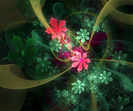 Flowers In Fractal Form - flowers, abstract, colorful, yellow, green, bright, pink, fractal