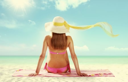 Summertime â™¥ - woman, beach, girl, hat, photography, summer, lovely, bikini, beautiful, towel, sea