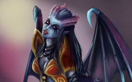 Queen of Pain - demon, purple, game, queen of pain, girl, blue, wings, fantasy, bat, orange, vampire, woman, dota2, horns