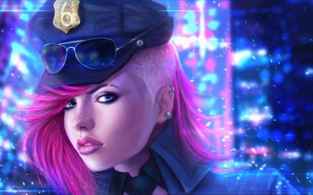 Vi - the piltover enforcer, gir, digital, pink, game, vi, blue, art, fantasy, hat, league of legends, woman, sunglasses