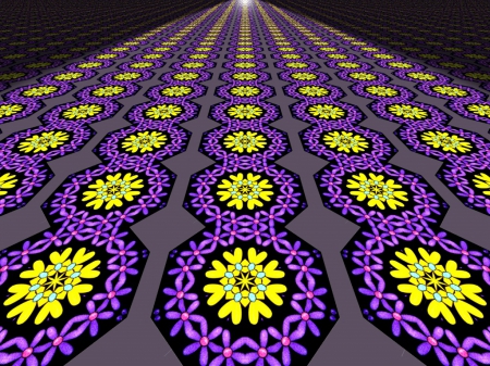 yellow-purple floral flooring - room, simple, fantasy, tiling, spring, floor, vivacious, fractals, purple, pretty, yellow, cool, grey, daisies, lilac, effective, vivid, light, neutral, cg, abstract, 3d, warm, tic, digital, homemade, awesome, flowers, fantastic