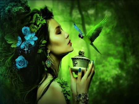 Fantasy girl - bird, bottle, earrings, girl, parrot, flower, skull, poison, bue, fantasy, green, digital, woman, wings, box, art