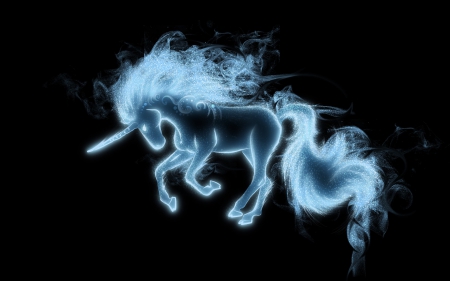 Unicorn - water, blue, magical, horse, black, fantasy, animal, horn, smoke, unicorn, luminos