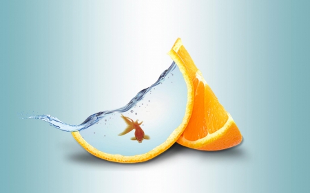 Creative fantasy - goldenfish, pesti, vara, water, summer, fantasy, creative, fruit, blue, fish, orange, slice