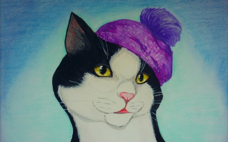 Cat - animal, pink, black, cat, blue, art, white, hat, painting