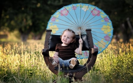 Relaxing in a summer day - summer, child, cute, relax, girl, umbrella, blue