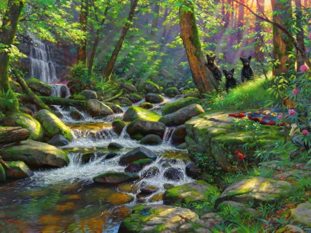 Summer day in the forest - calm, quiet, summer, stream, forest, family, art, trees, beautiful, lovely, bears, rest, glow, nature, waterfall, rays, painting, serenity, day, shine