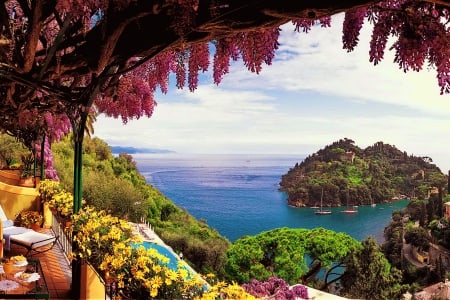 View from Portofino - summer, coast, beach, flowers, view, lake, paradise, hotel, sky, luxury, beautiful, vacation, sea, travel, resort, rest, Italy, Portofino, rocks