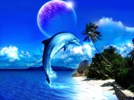 Moonlight Visitor - dolphin, fantasy, bright, beach, moon, blue, colorful